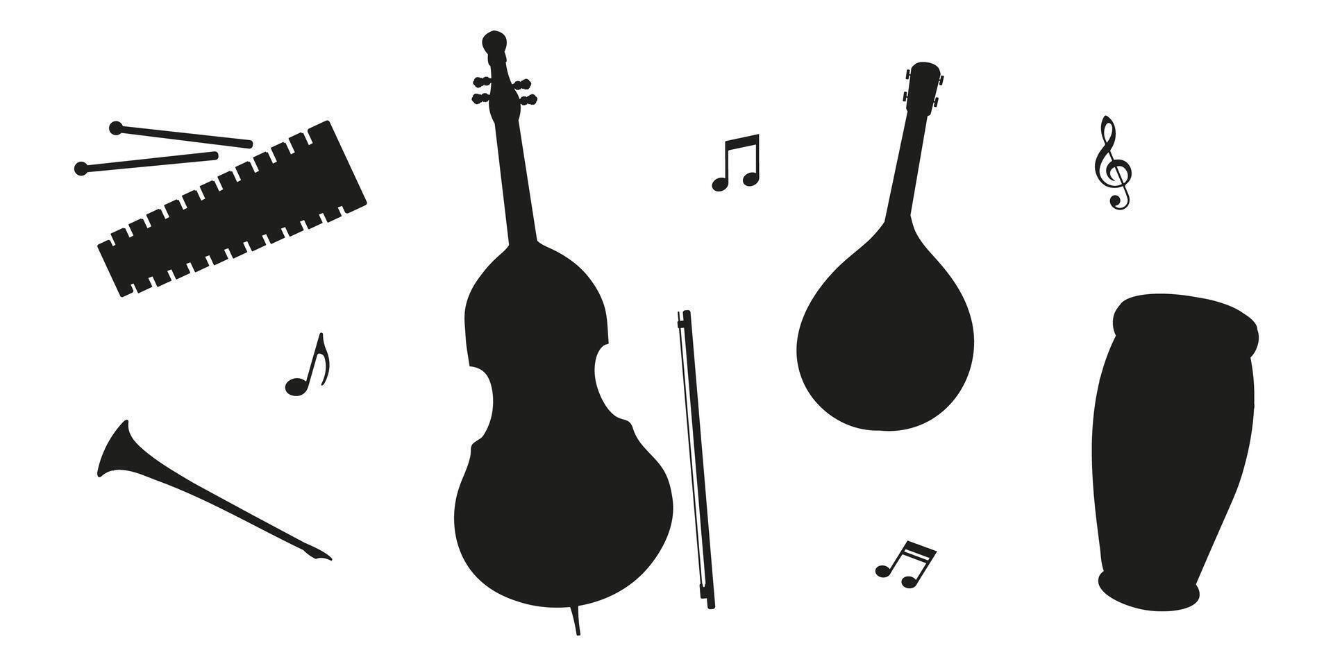 Musical instruments arranged in a creative layout with notes and rhythms featured prominently vector
