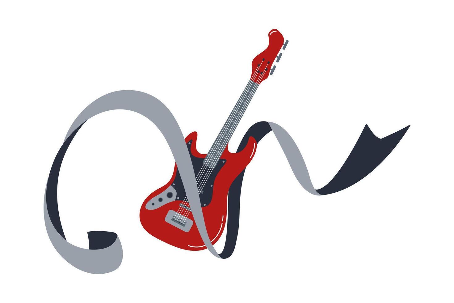 Creative illustration of a red guitar intertwined with ribbons in a dynamic design vector