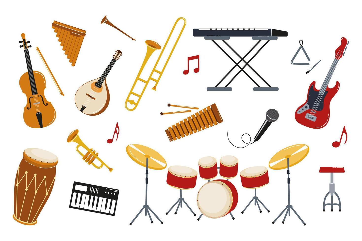 Variety of musical instruments laid out on a white background for creative design projects vector
