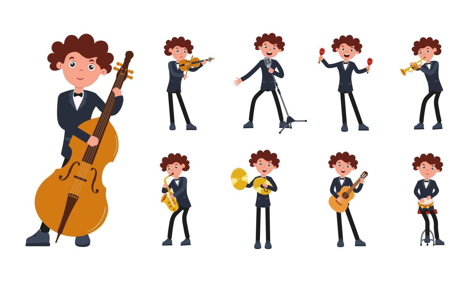 Young musician playing various instruments in a cheerful music ensemble vector
