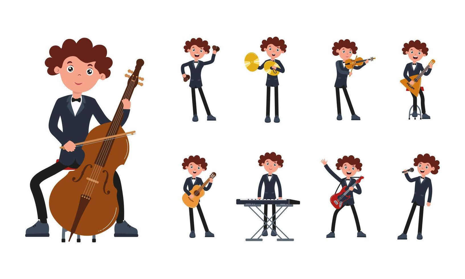 Young musician performing various instruments in a creative illustration vector