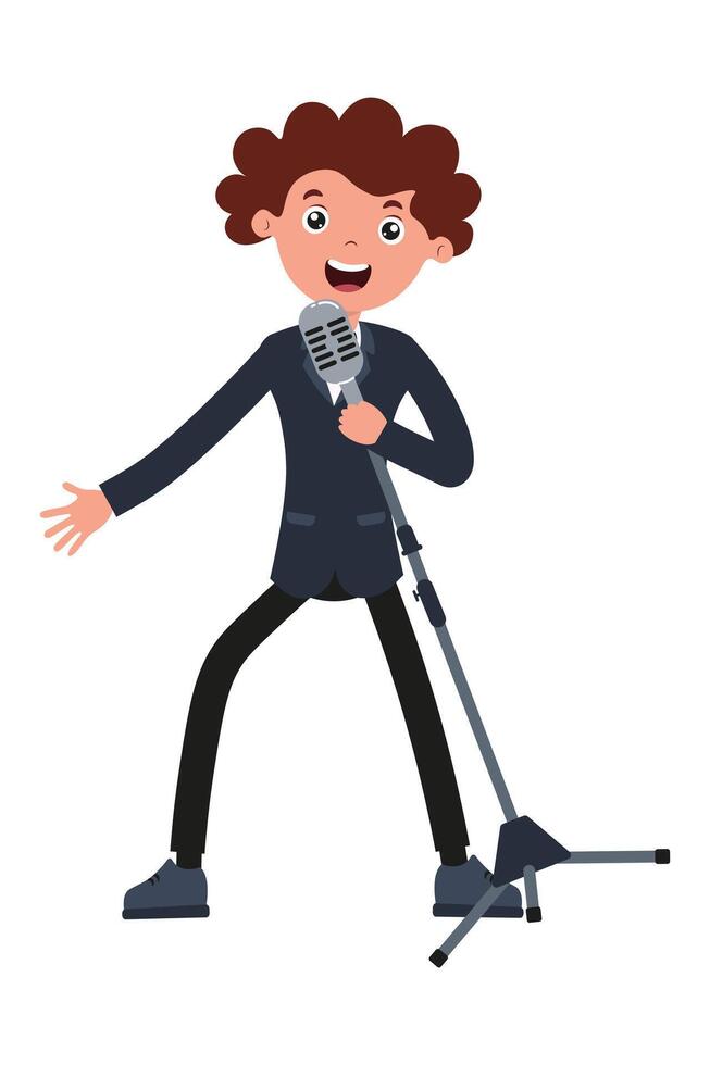 Boy singing joyfully with a microphone on stage during a talent show performance vector
