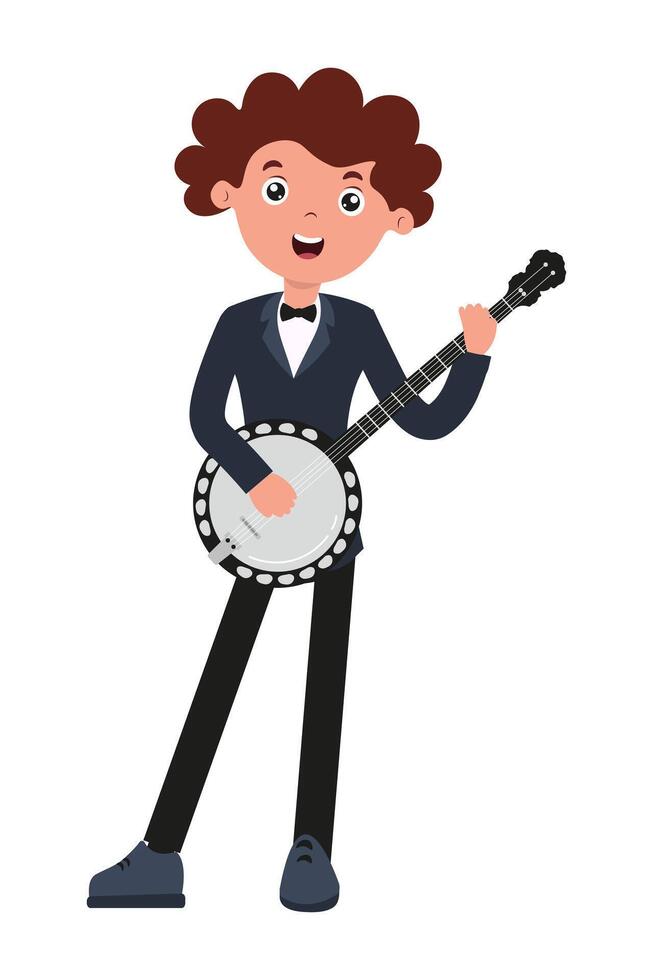 Young musician plays banjo confidently at a lively performance in a cheerful setting vector