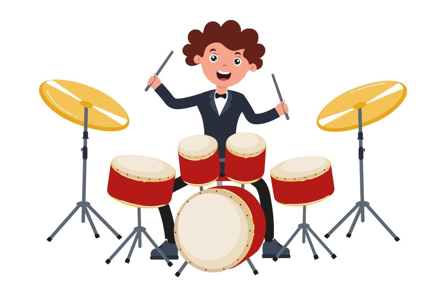 Young drummer enthusiastically plays drums at a lively music event vector