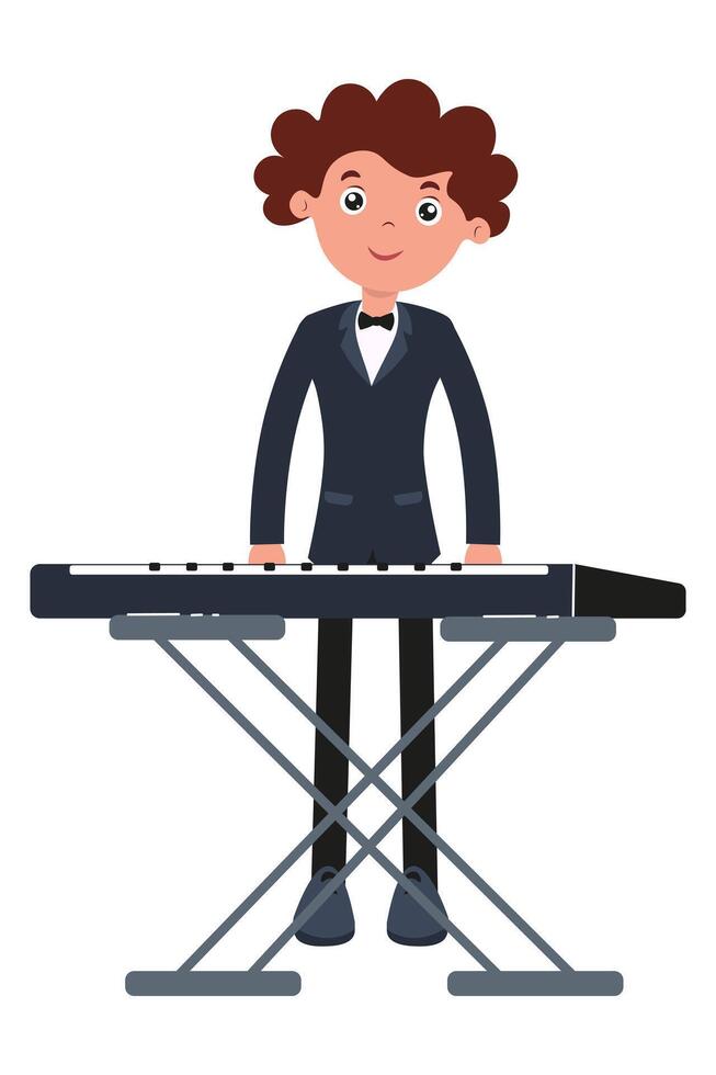 Young musician playing keyboard at a performance event in a stylish outfit vector
