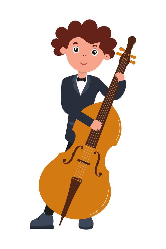 Boy playing double bass in formal attire during a music performance vector