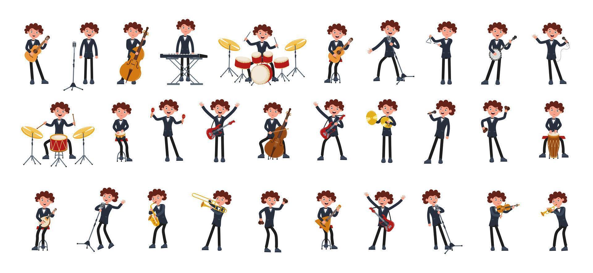 Musicians performing with various instruments in a lively music ensemble setting vector