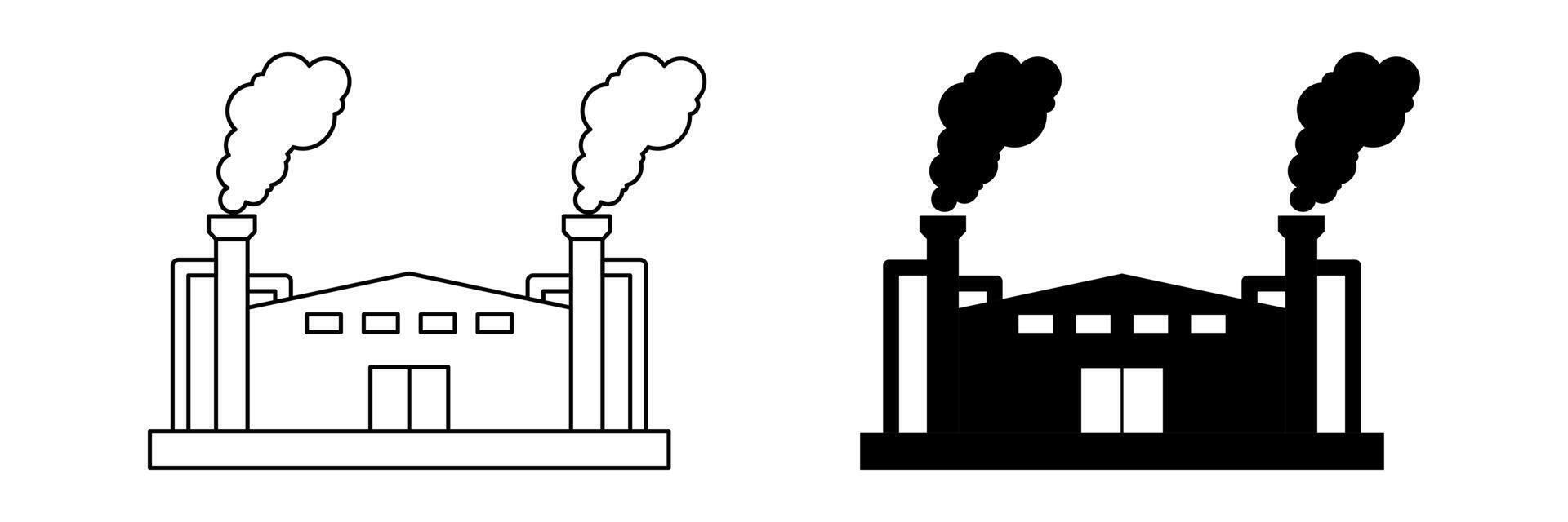 set of icons of factory buildings with chimneys. modern line and silhouette design isolated on white background vector
