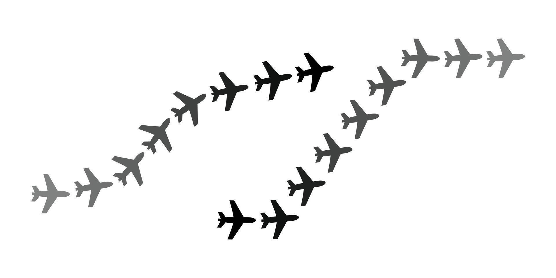 Translational Motion Airplane silhouettes arranged in a curved flight pattern against a pure white background. vector