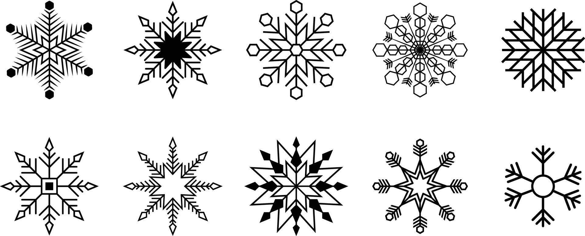 Snowflake icon set. Snowflakes different shapes isolated on white background vector