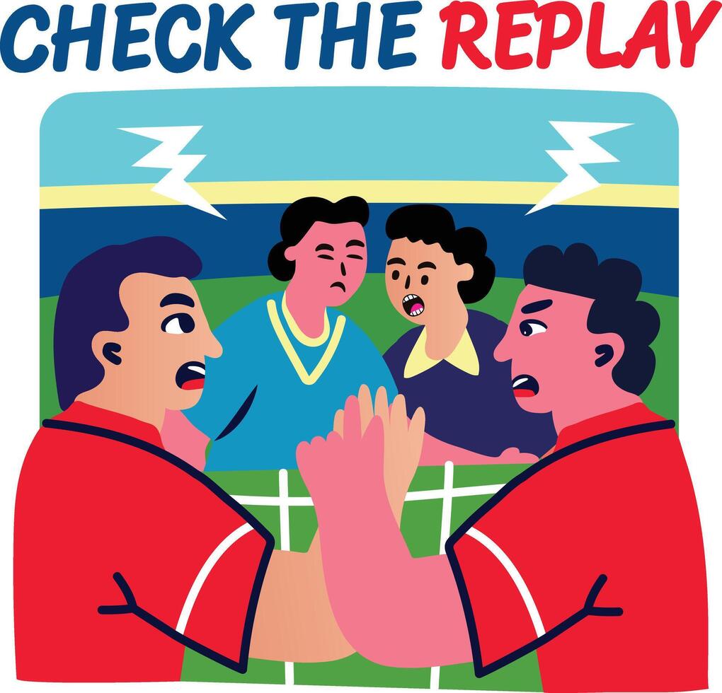 A flat sticker of sports characters with check replay typography vector
