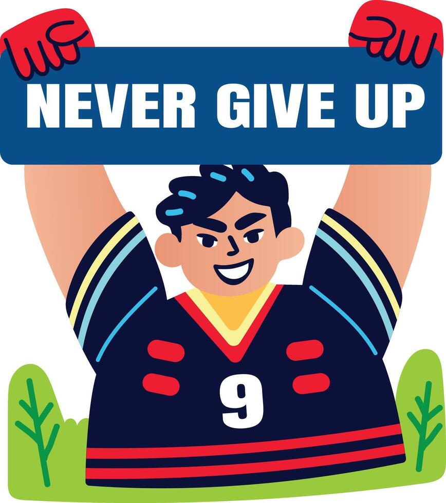 Flat sticker of cheering fan holding never give up banner vector