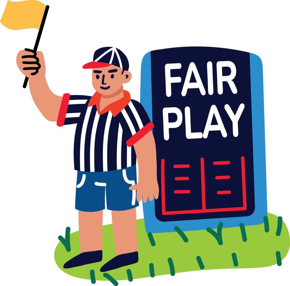 Referee waving flag with fair play text, flat sticker vector