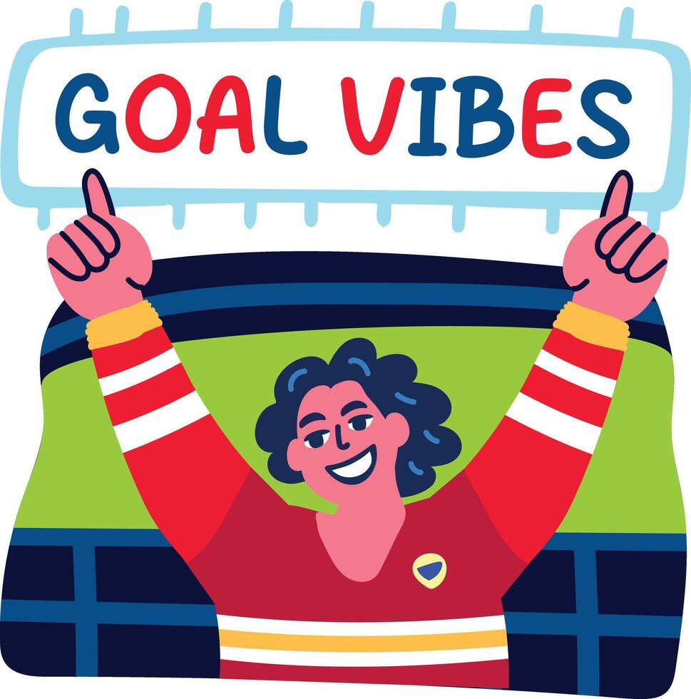 Happy fan with goal vibes text, flat sticker vector