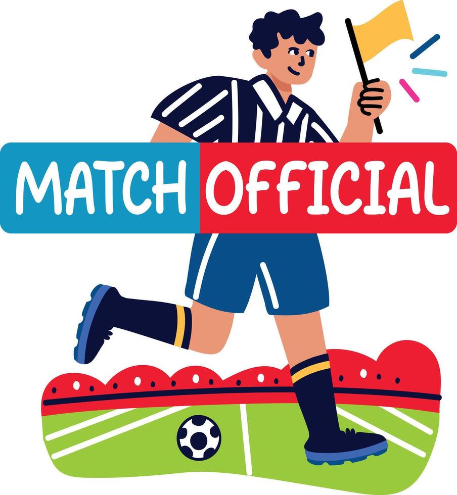 Running football referee holding flag with match official text, flat sticker vector