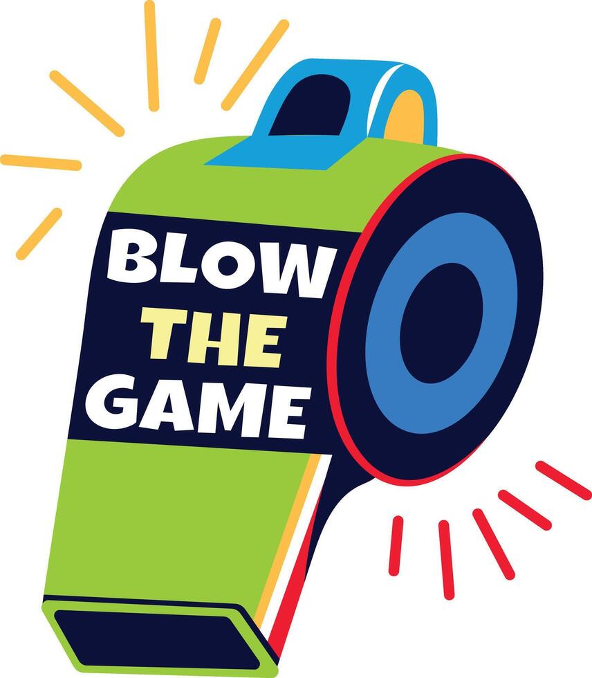 Referee whistle with blow the game text, flat sticker vector