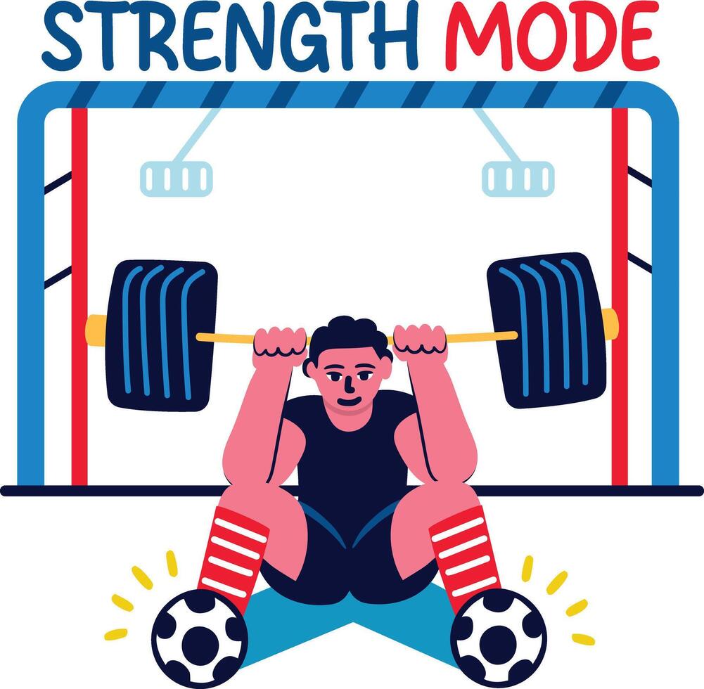 Football athlete doing gym training with strength mode text, flat sticker vector