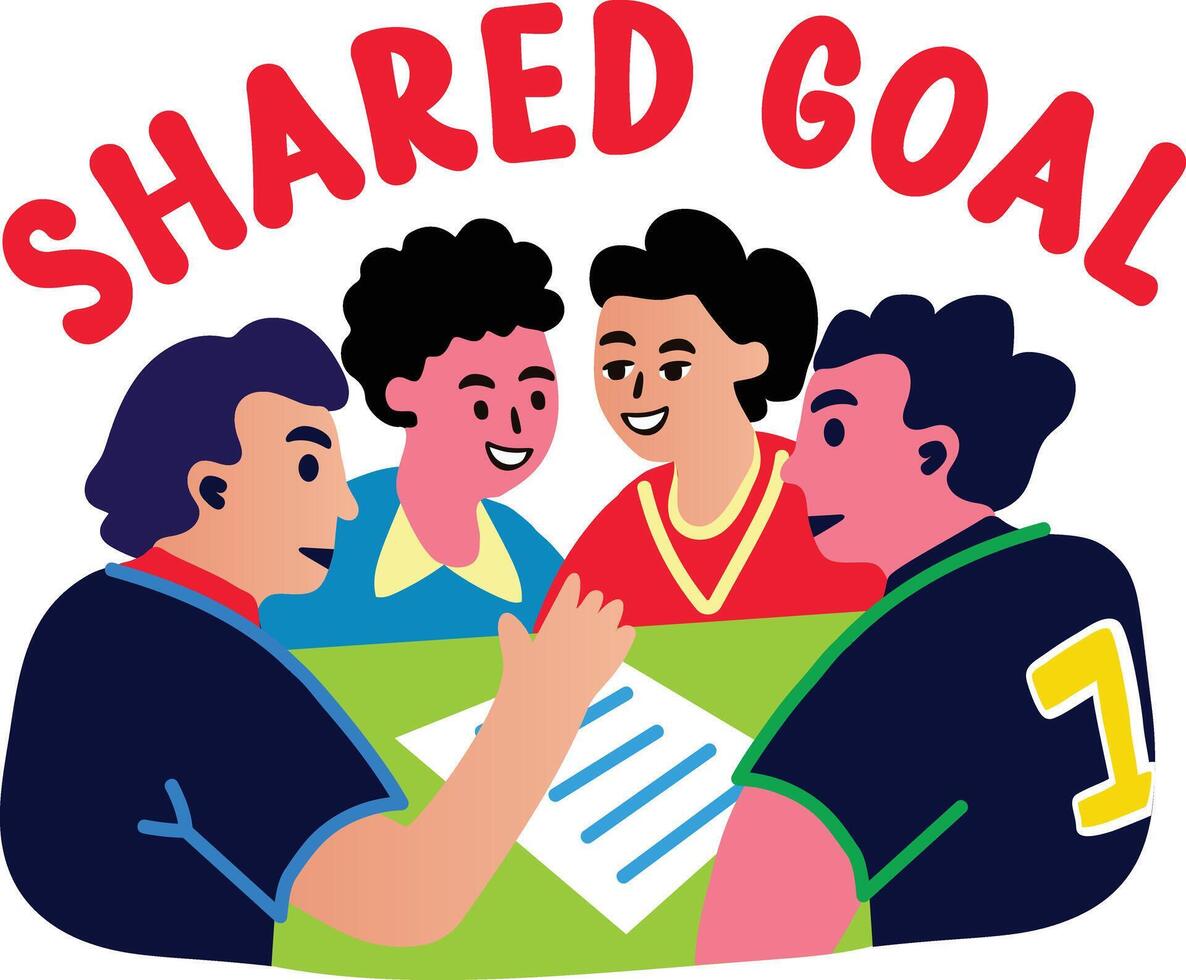 Team planning with shared goal typography, flat sticker vector