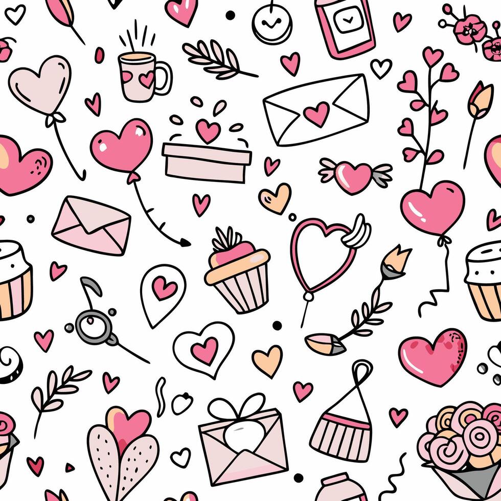 seamless pattern with hearts, cupcakes, and other valentine's day items vector