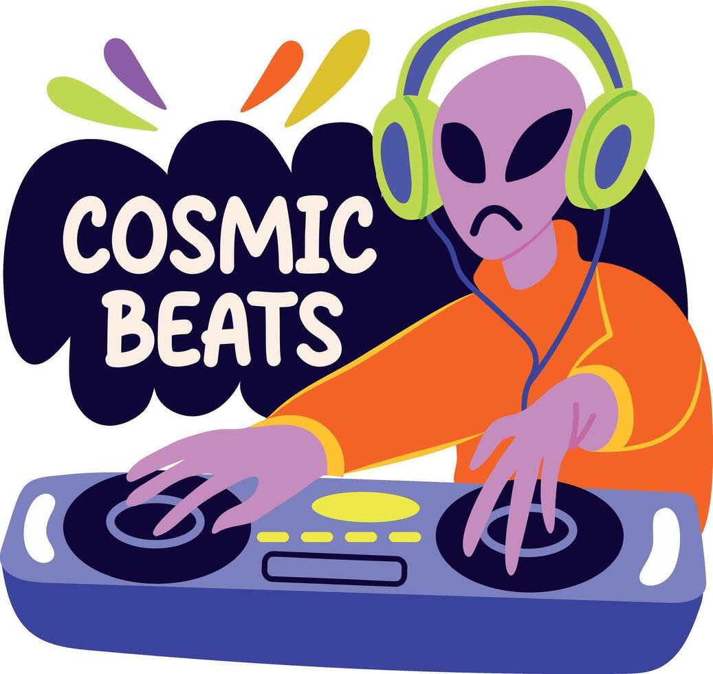 A flat sticker of alien with cosmic beats typography vector