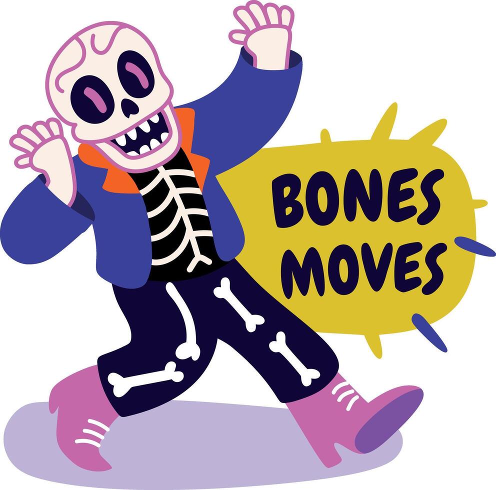 A flat sticker of a skeleton character with bone moves typography vector