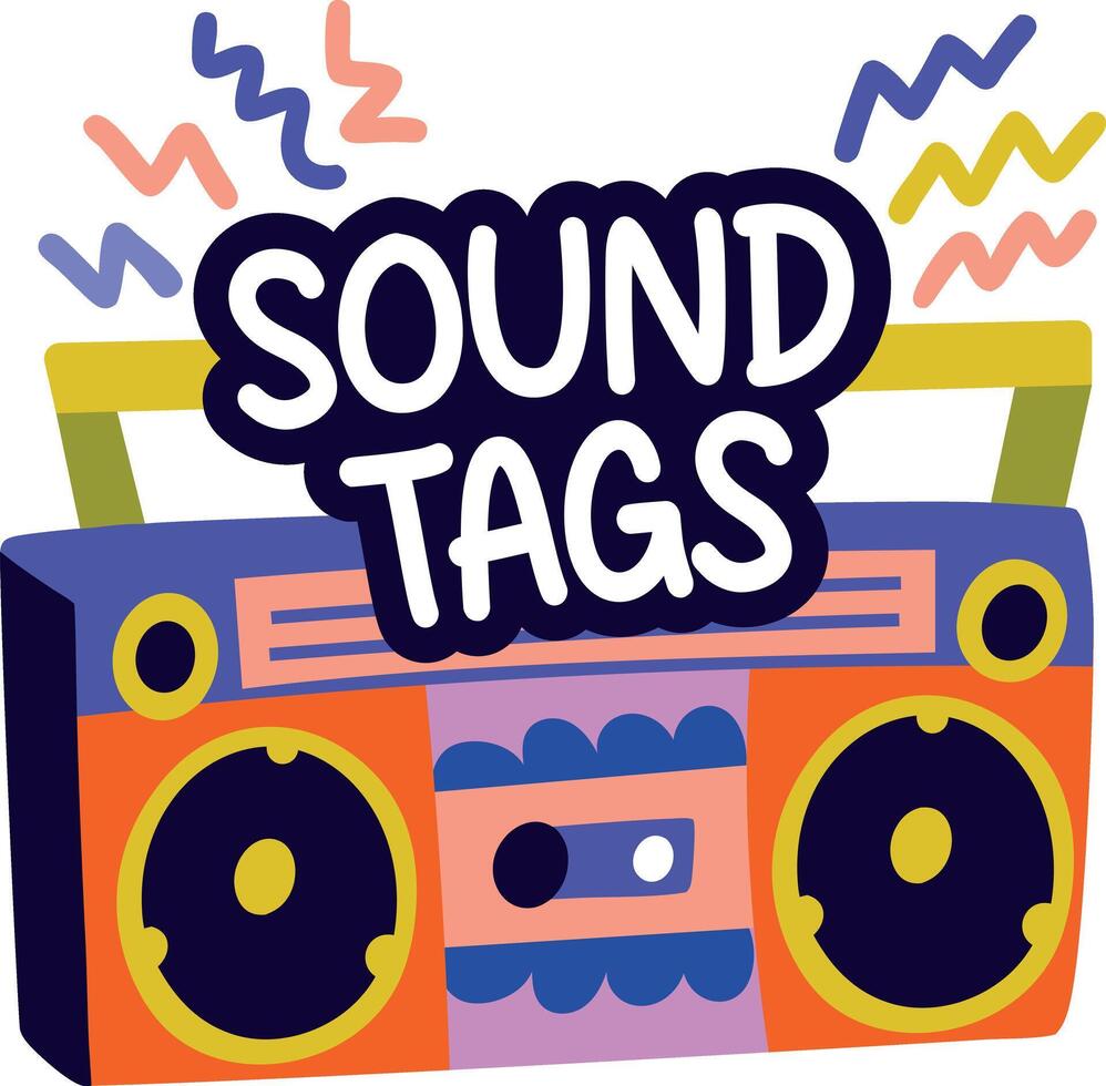 A flat sticker of radio with sound tags typography vector