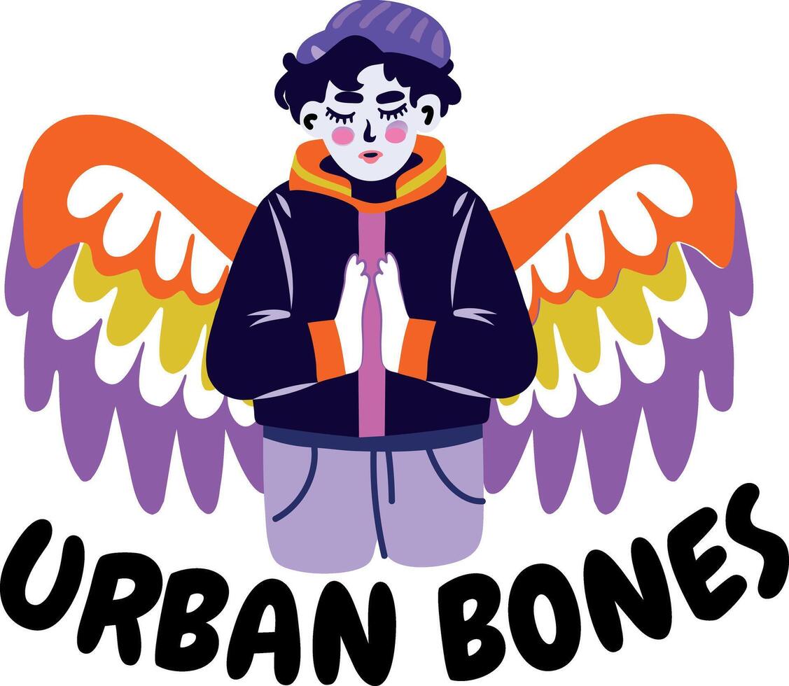 A flat sticker of winged character with urban bones typography vector