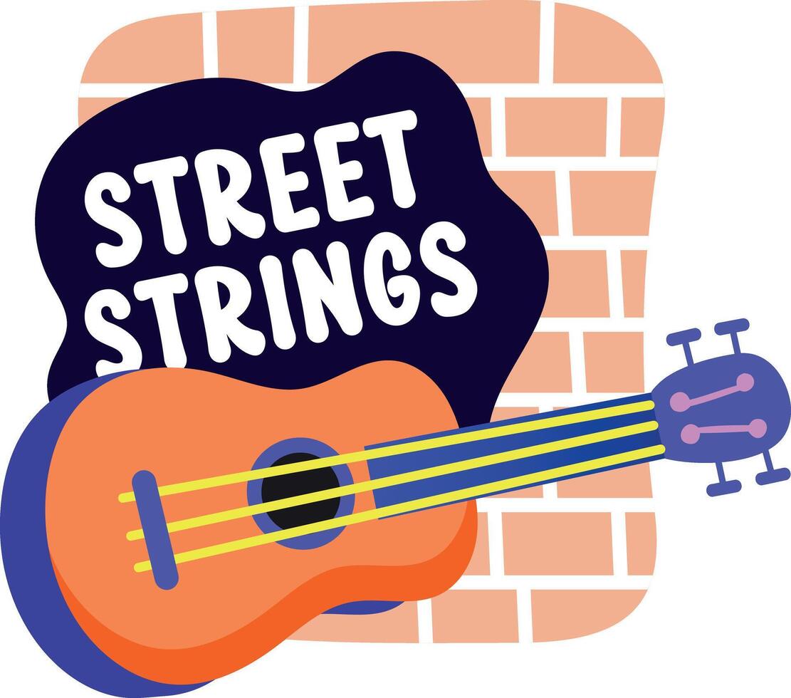 A flat sticker of guitar with street strings typography vector