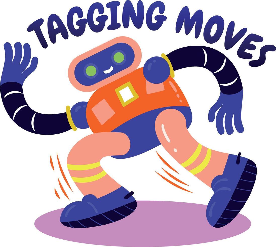A flat sticker of dancing robot with tagging moves typography vector