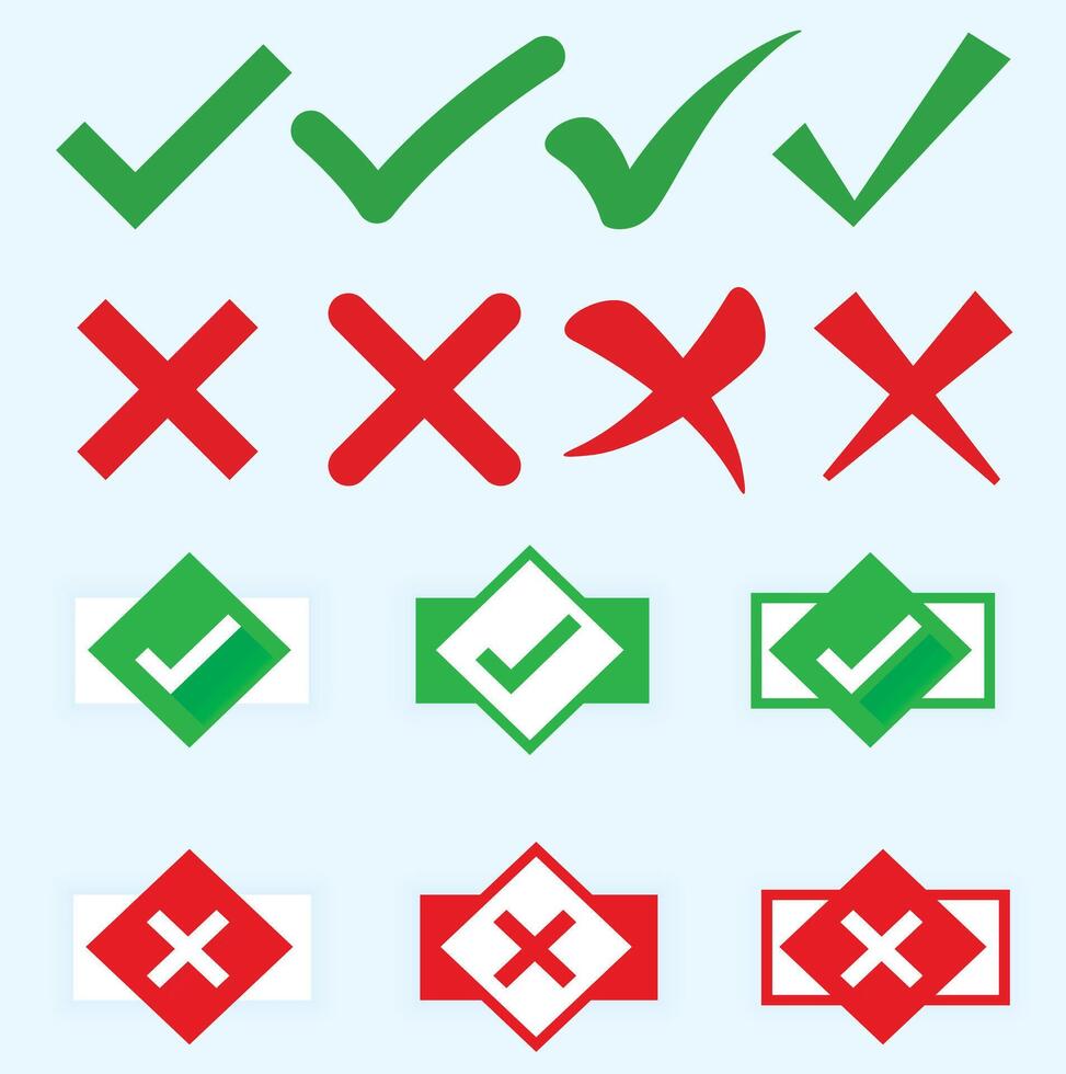 The set of check mark icons. Green tick and red cross check marks flat line icons set. illustration isolated on white background vector