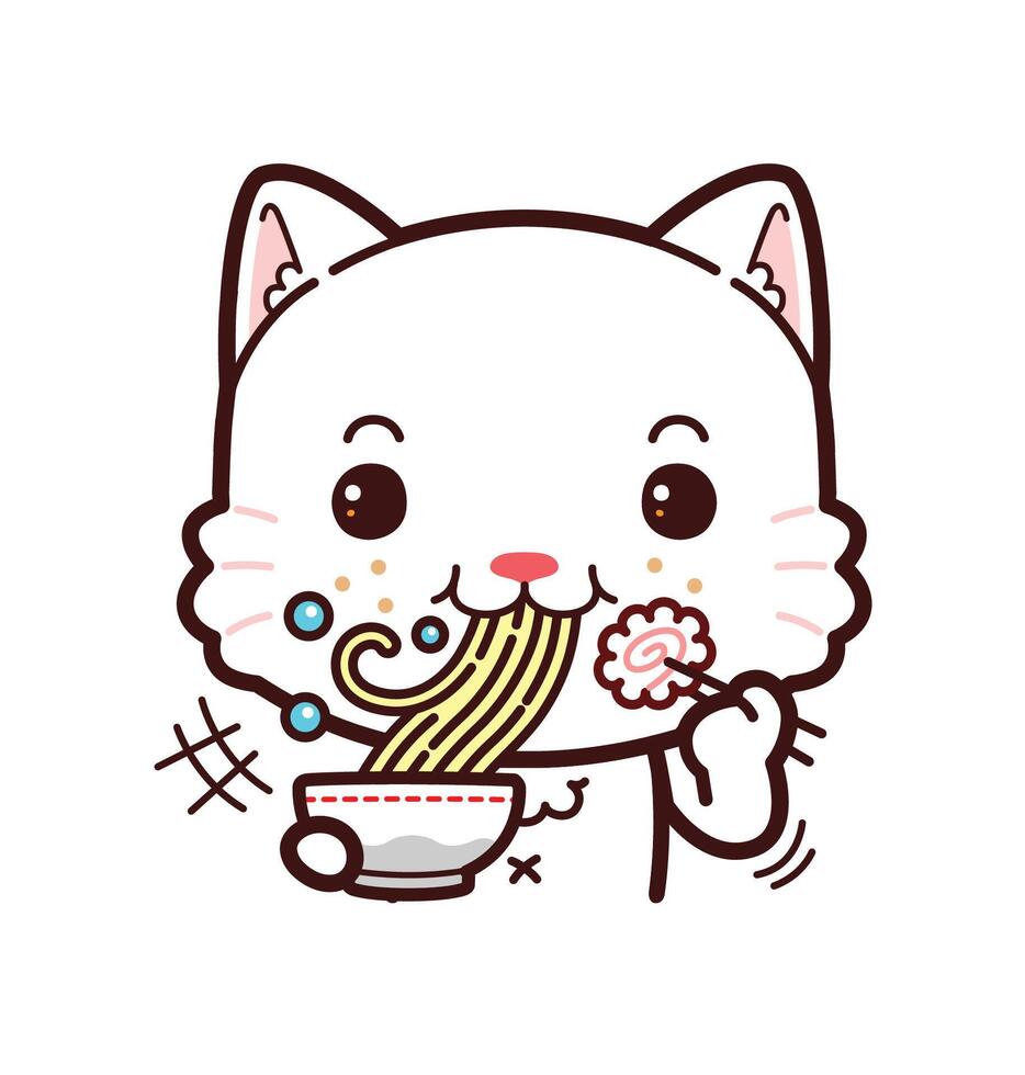 Cute White Cat Enjoy Eating Ramen Noodles, Cartoon Kawaii Style vector