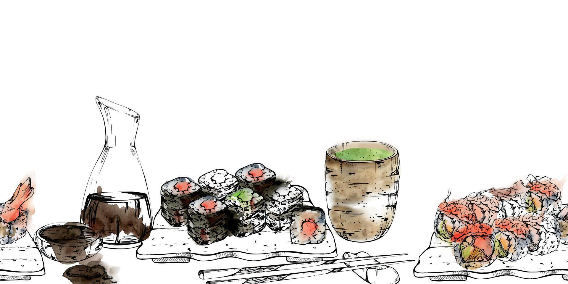 Traditional Japanese food, served sushi rolls set with raw fish, soy sauce, matcha tea and chopsticks, hand drawn in watercolor and ink. Seamless banner for restaurant, cafe menu, kitchen, recipe book vector