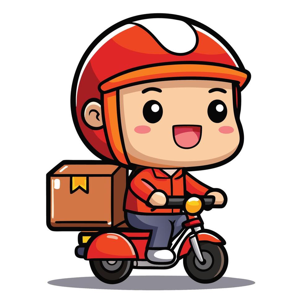 cartoon delivery boy riding motorcycle with a box vector