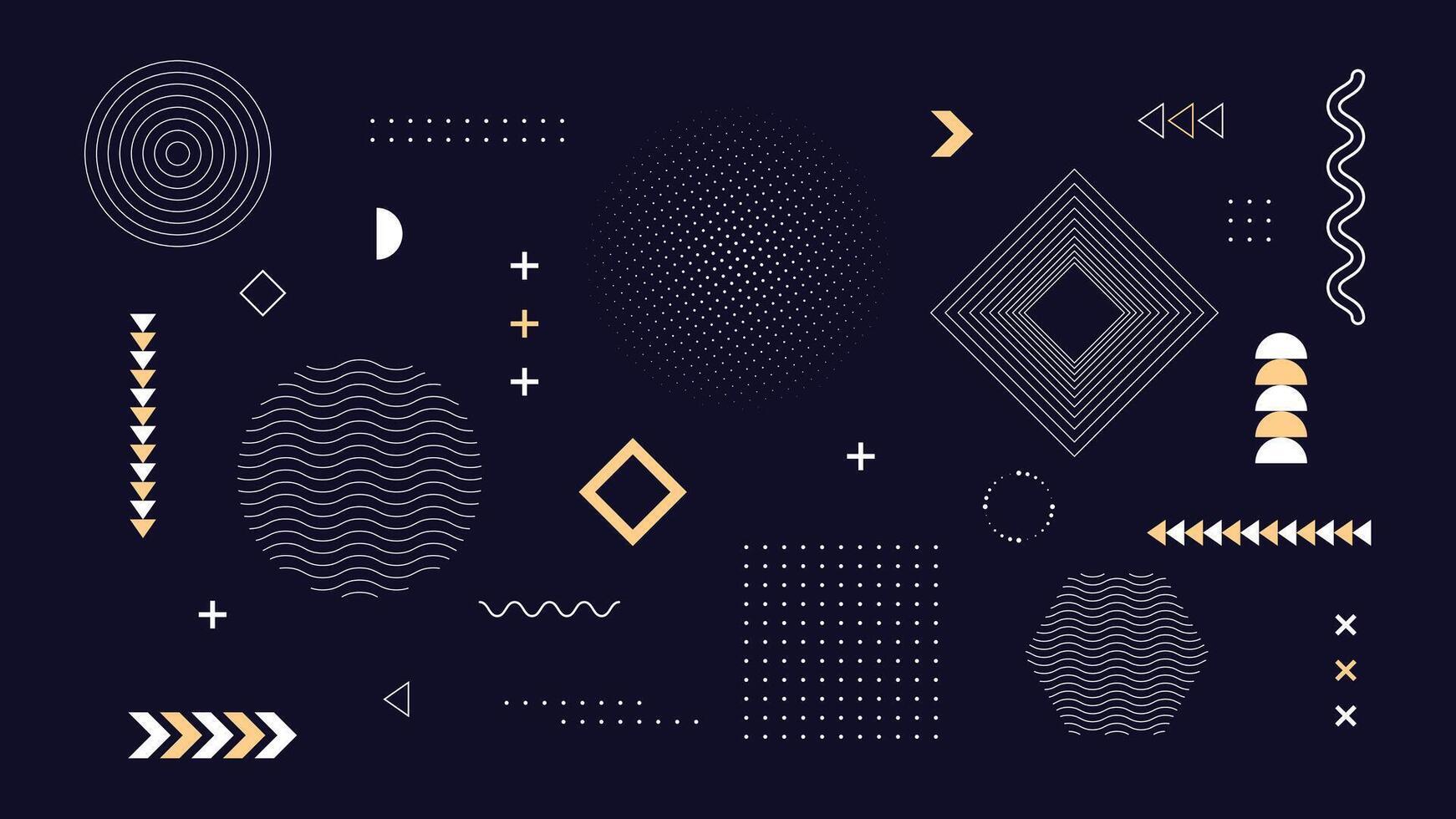 Stylish abstract geometric background featuring minimal shapes, dots, and lines on a dark backdrop with gold highlights. Perfect for digital designs, wallpapers, branding, and creative projects. vector
