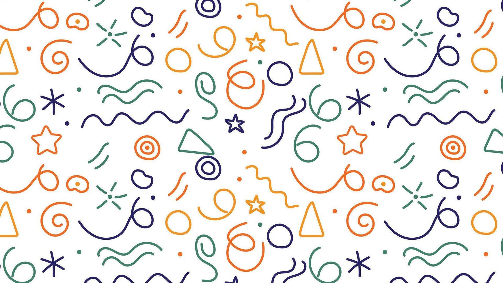 Vibrant Memphis-style pattern featuring abstract geometric shapes, swirls, and lines on a white backdrop. Perfect for modern designs, branding, packaging, and trendy digital backgrounds. vector