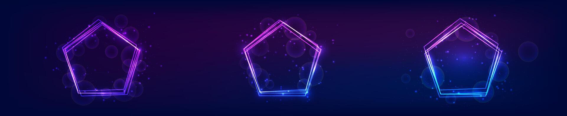Set of three neon frames in pentagon form with shining effects and sparkles on dark background. Empty glowing techno backdrop. illustration vector