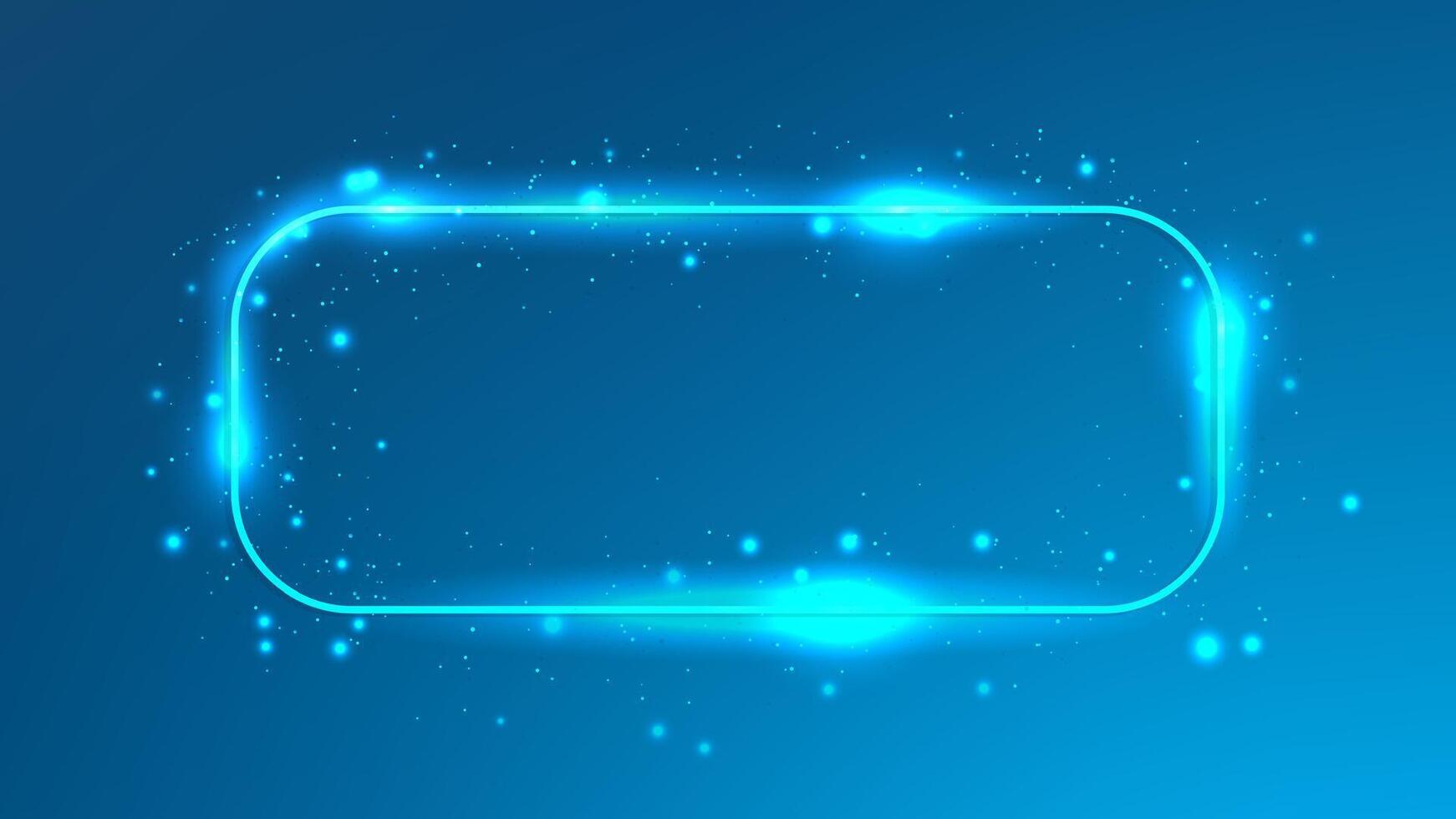 Neon rounded rectangle frame with shining effects and sparkles on blue background. Empty glowing techno backdrop. illustration vector