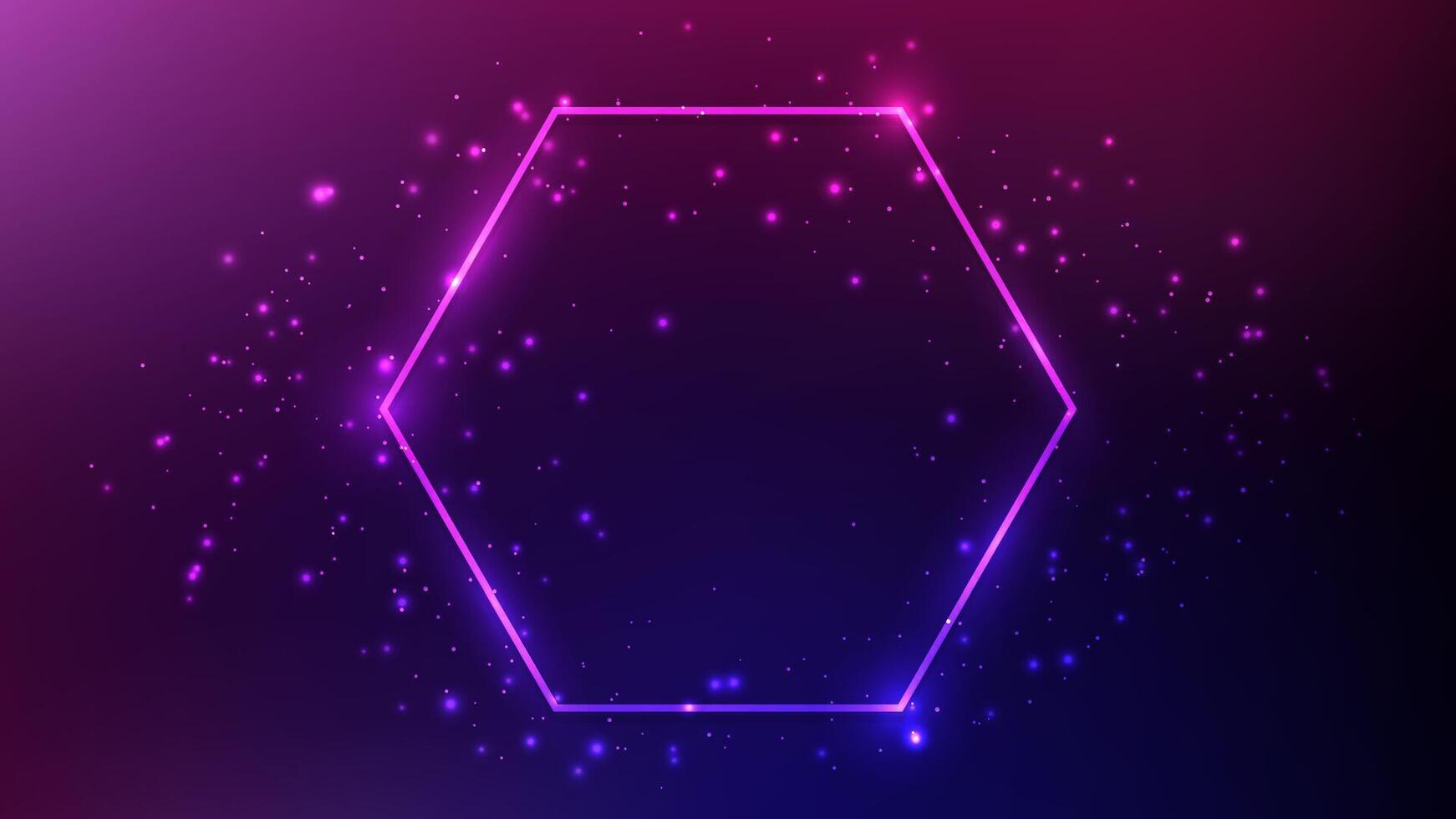 Neon hexagon frame with shining effects and sparkles on dark purple background. Empty glowing techno backdrop. illustration vector