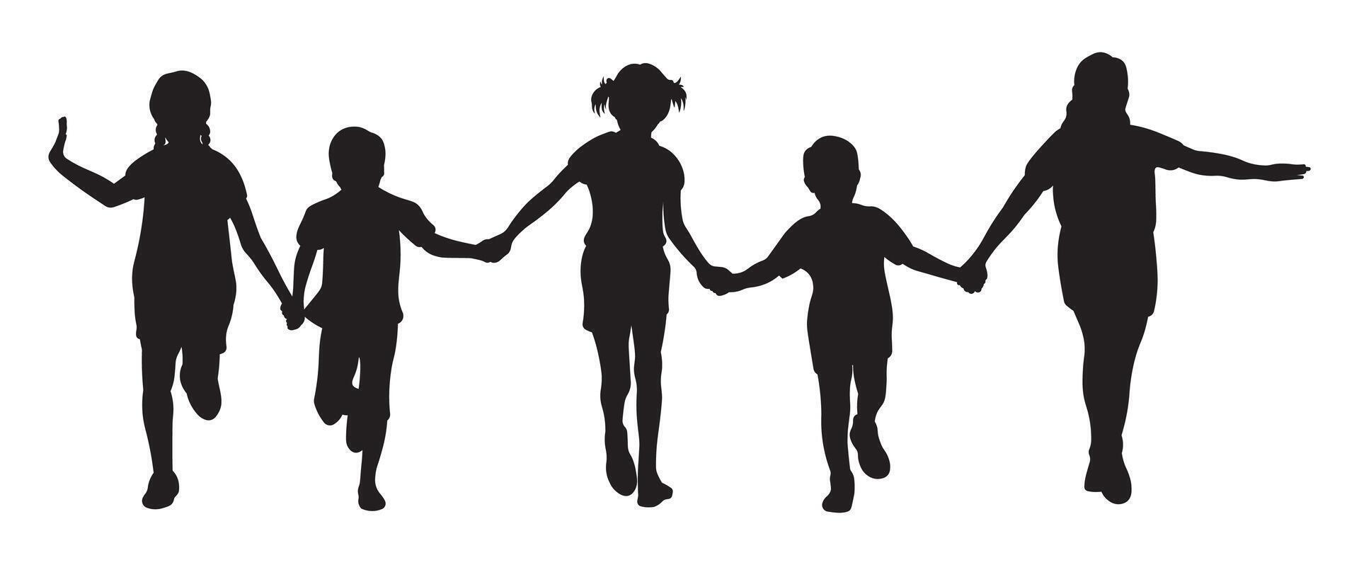 Silhouette of a group of happy and playful children holding hands outdoors vector