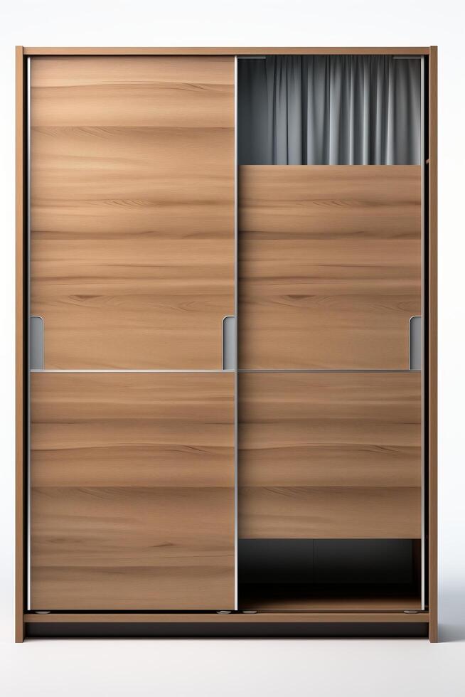 A wooden wardrobe with sliding doors and a curtain photo