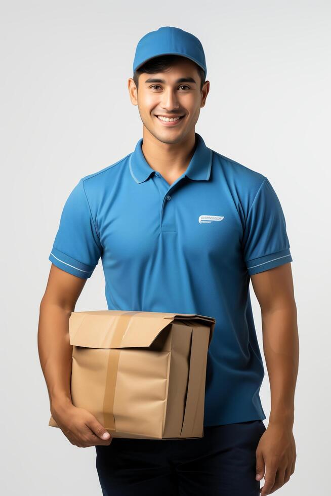 A smiling delivery man holding a box photo