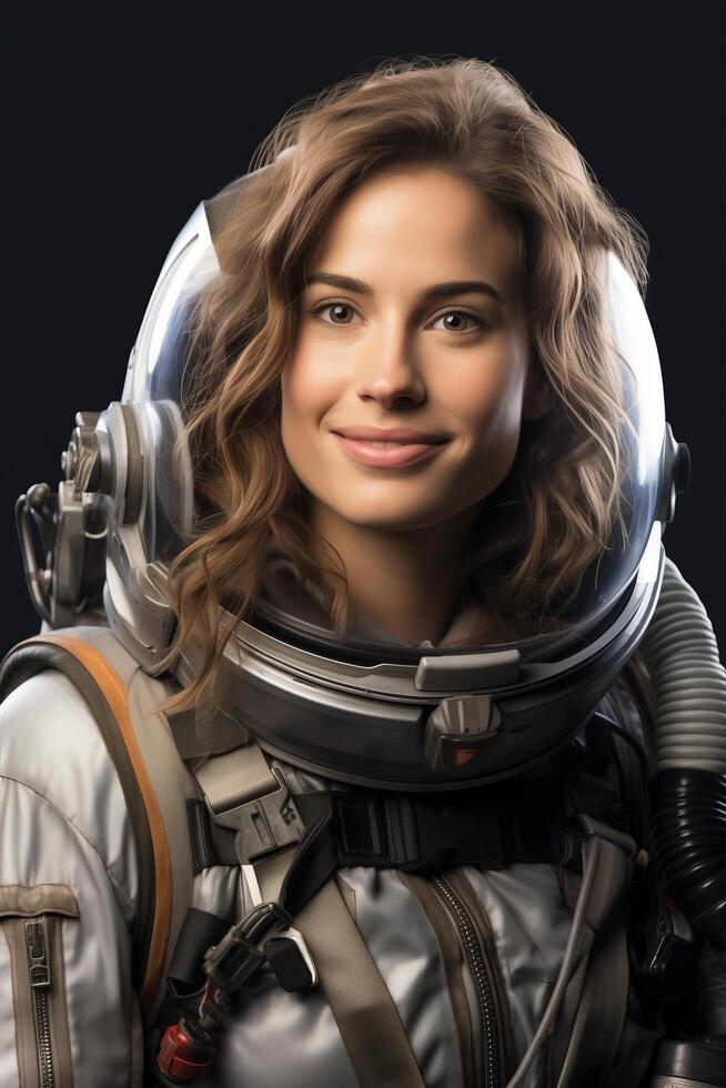 A woman in an astronaut suit smiling photo