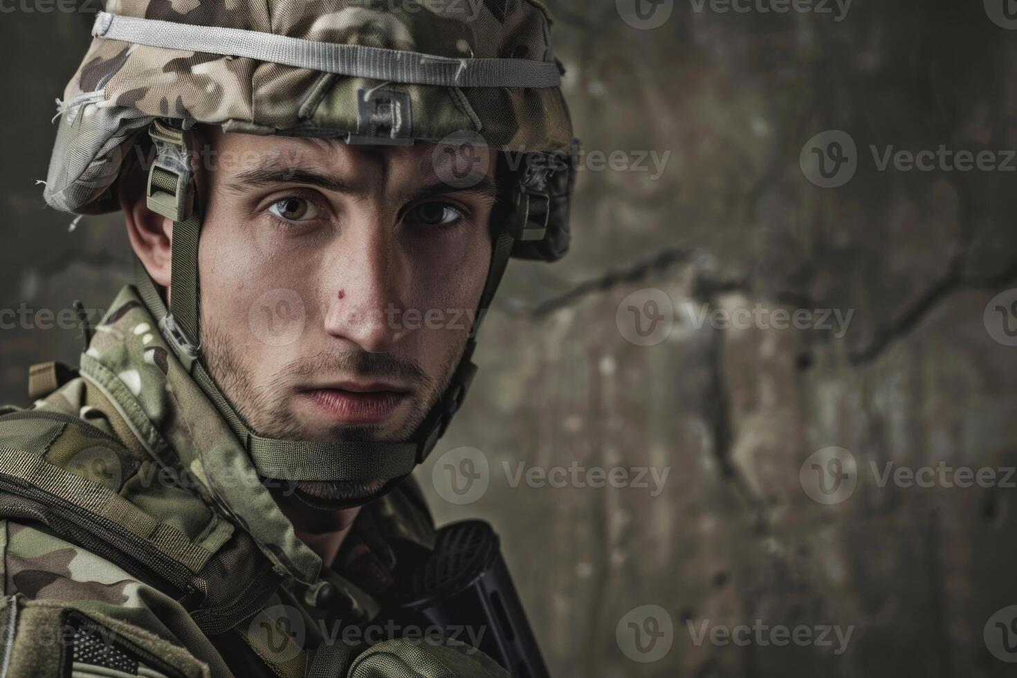 Young soldier wearing camouflage helmet posing with serious expression in front of damaged wall photo