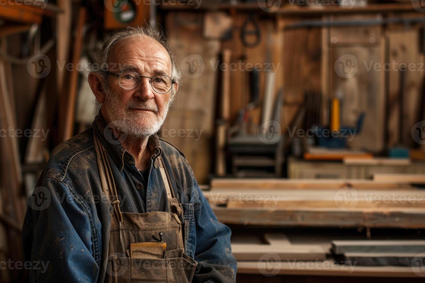 Skilled senior woodworker expertly creating wooden masterpieces in his workshop, with tools and wood planks all around him photo