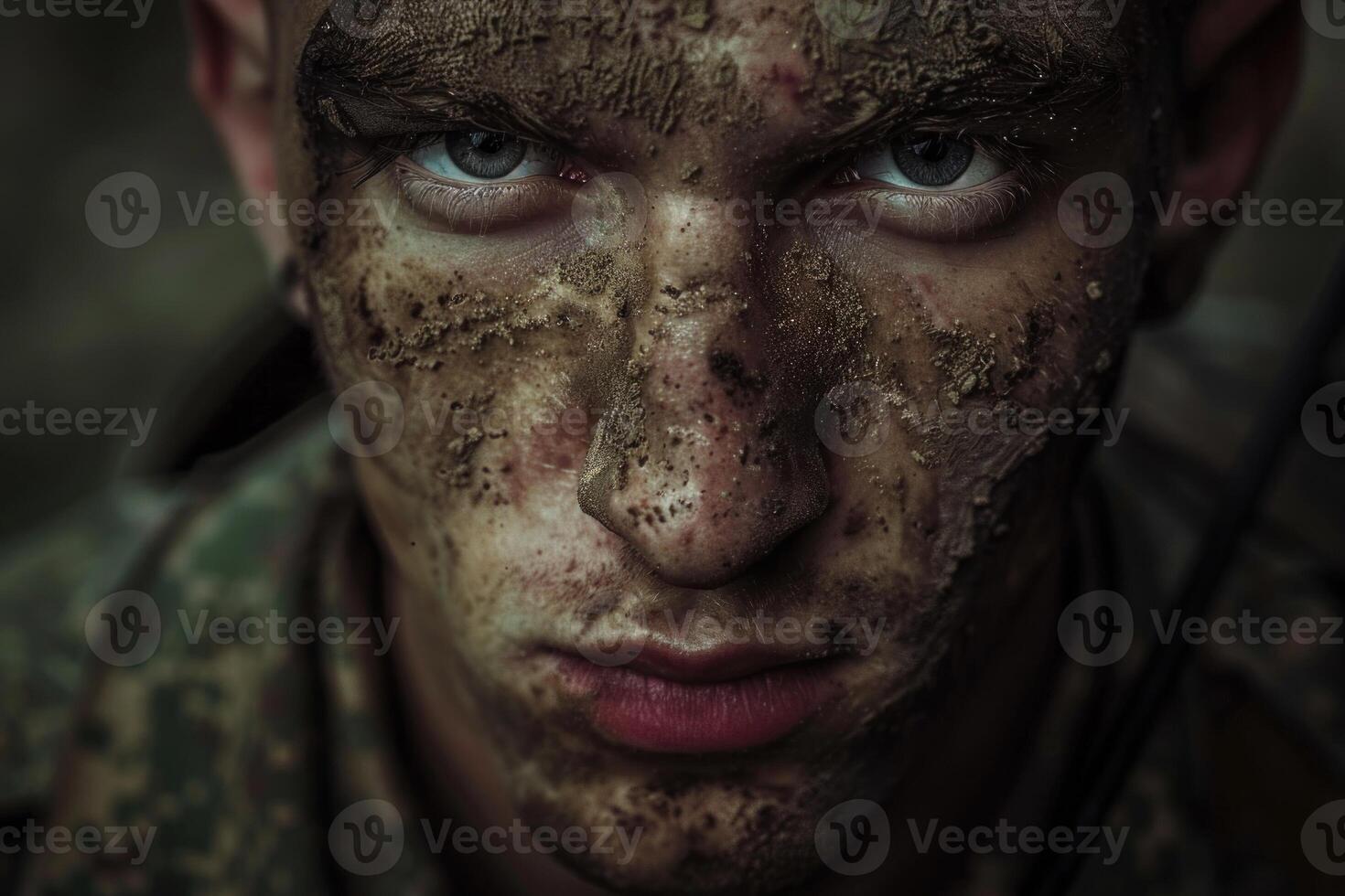 Close-up portrait of a young soldier, showing emotional depth and weariness in his eyes, with a mud-smeared face reflecting the realities of military life photo