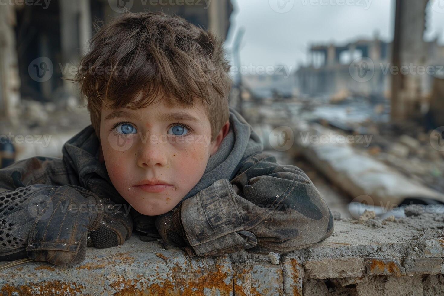 Powerful closeup image of a young boy's poignant gaze amidst the wreckage of war, conveying innocence in chaos photo