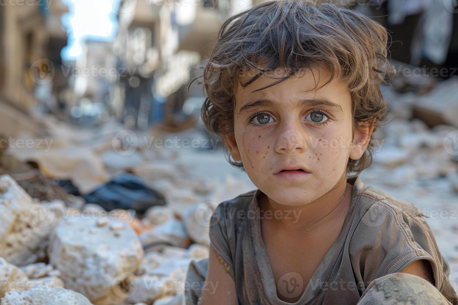 Eerie image of a waraffected child with a dirty face, staring intensely in the midst of destruction and debris photo