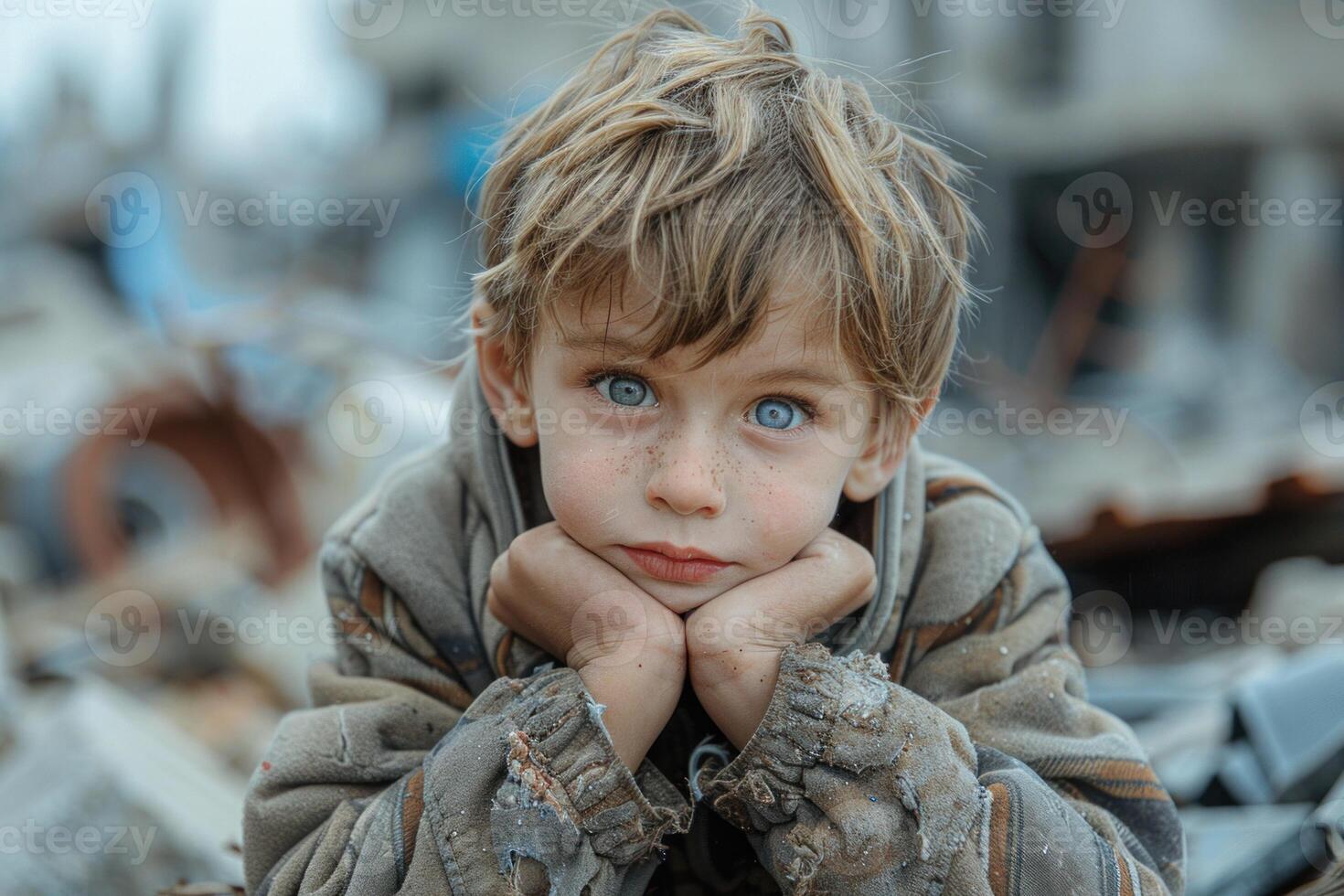 Innocence amid destruction, young child with piercing blue eyes gazes intently, resting their chin on their hands in the aftermath of war photo