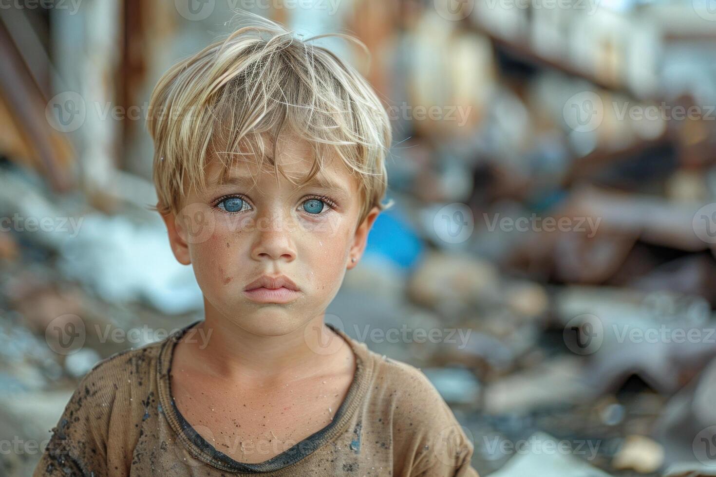 Emotional portrait of a young child with dirtstreaked cheeks amidst the devastation of war, shedding light on the harsh effects of conflict on innocent lives photo