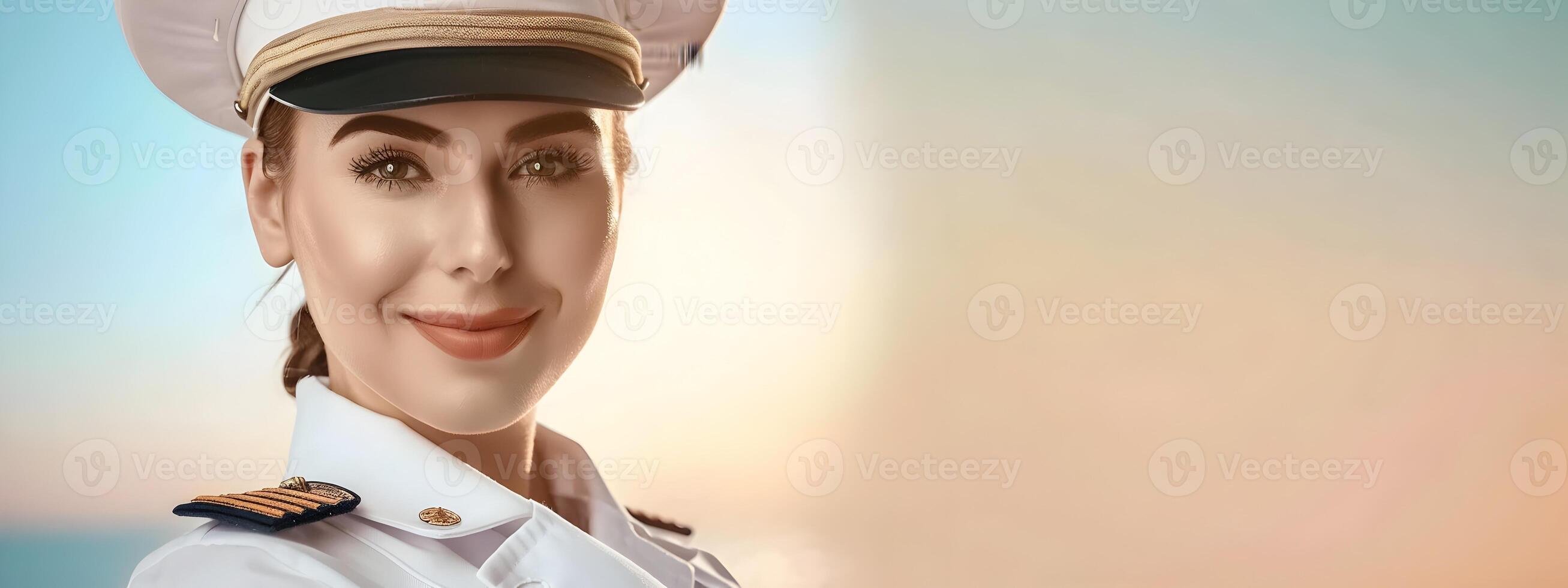 Cheerful Cruise Ship Attendant Exuding Happiness and Professionalism in a Colorful Seascape photo